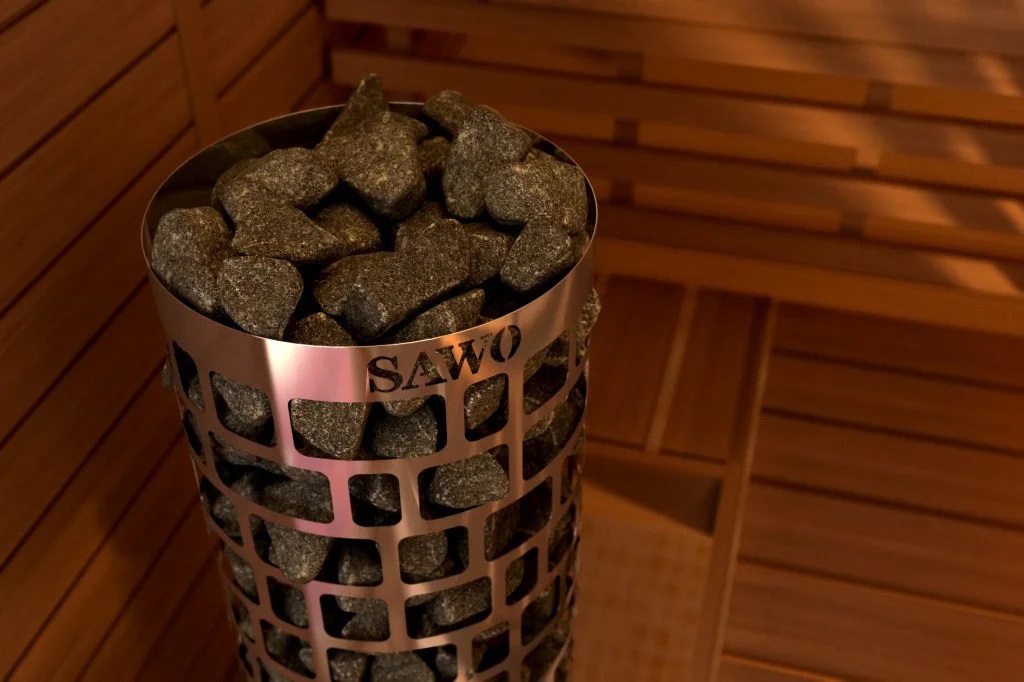 Электрическая каменка Sawo Tower Heater Round Aries ARI3-90 NB в интерьере