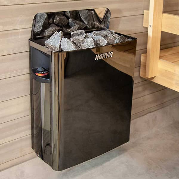 Электрическая каменка Harvia The Wall SW45 4,5 kW черная сталь в интерьере парной
