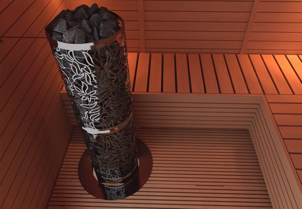 Электрокаменка Sawo Heaterking DRFT5-90NS-P-C в интерьере сауны