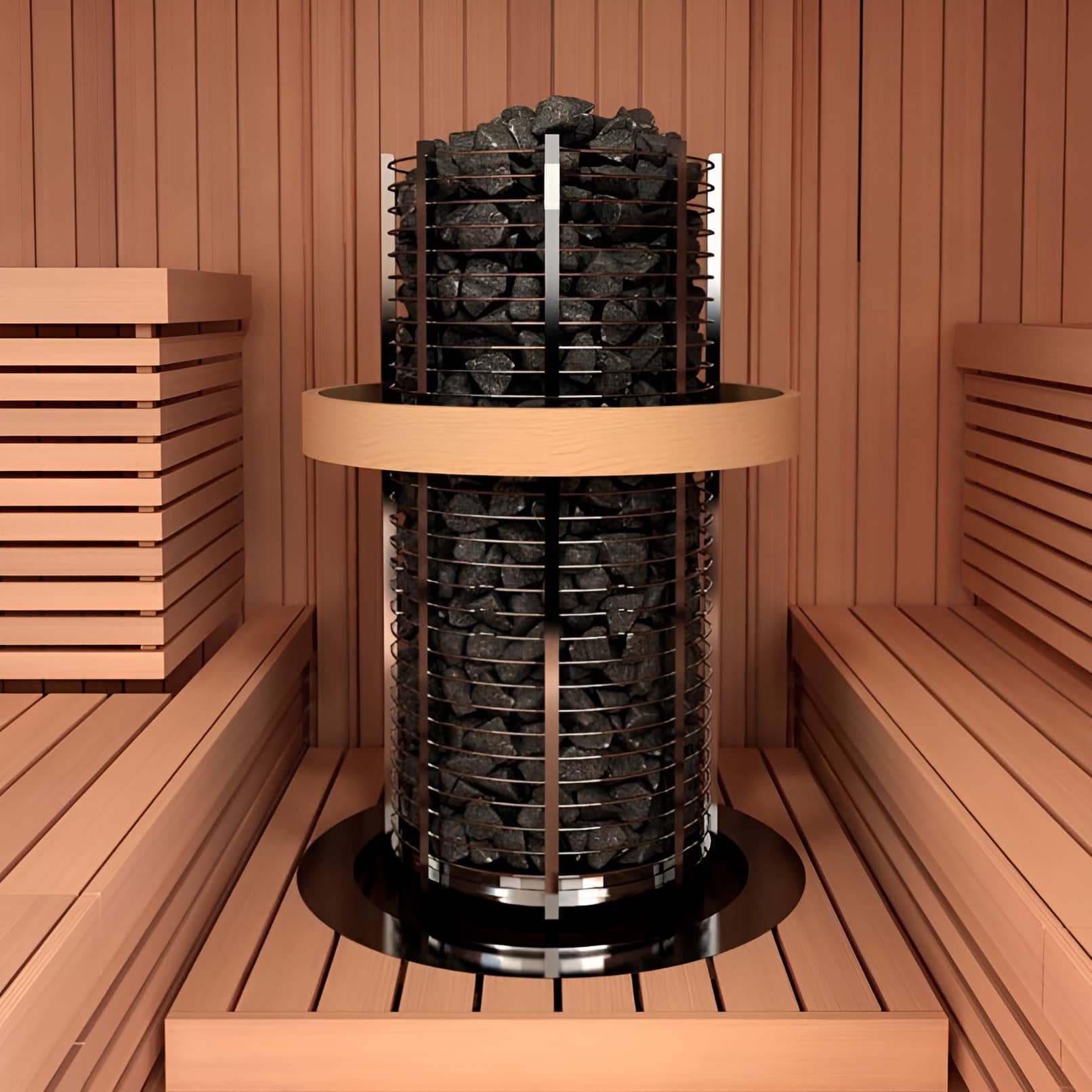 Электрокаменка Sawo Tower Heater TH3-60NS-P-C в интерьере сауны